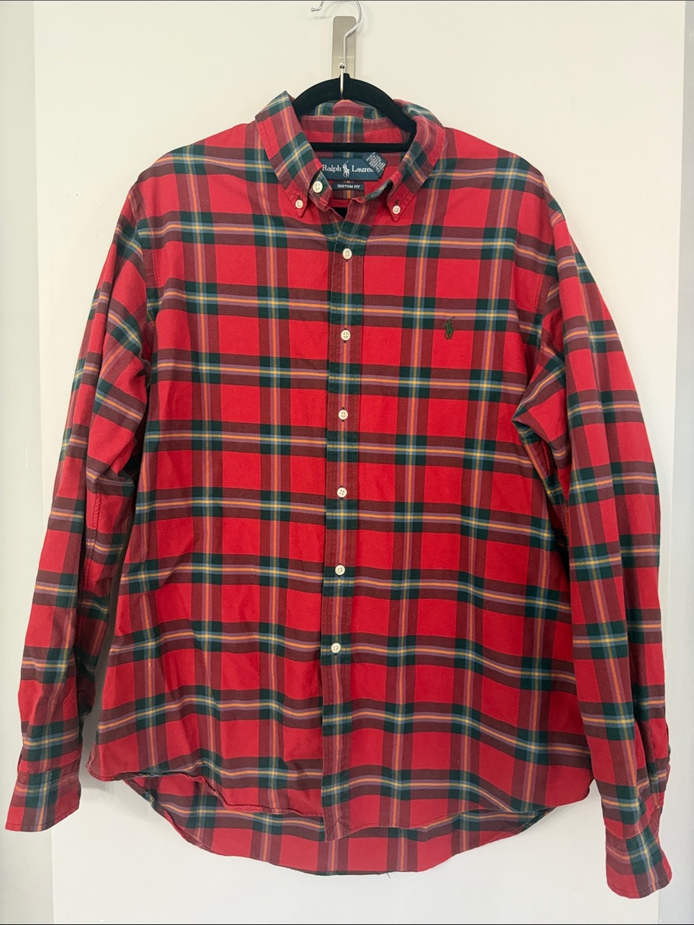 Ralph Lauren Blue Label Men’s XL red plaid 100% cotton custom fit button up top